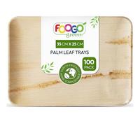FOOGO Green 100 Disposable Palm Leaf Serving Trays, Large 14x10 inch (35x25cm), For Platters, Starters, Wedding Parties, Charcuterie Board, Eco Friendly Biodegradable Wooden Plates, Hot Food Trays