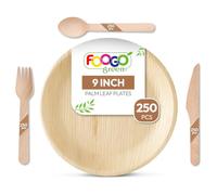 FOOGO Green 1000pcs Disposable Palm Leaf Plates and Wooden Cutlery Set, FSC® Certified, 250x Large Round Plates, 250x Forks, 250x Knives, 250x Spoons, Eco Friendly Biodegradable