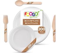 FOOGO Green 1000pcs Disposable Sugarcane Fibre Strong Paper Plates and Wooden Cutlery Set, FSC® Certified, 200x Large Round, 200 x Small Plates, 200x Forks, 200x Knives, 200x Spoons