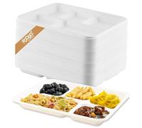 FOOGO Green 1000pcs Shallow Disposable Plates with compartments, 10x8 inch 5 Compartments, Sugarcane Bagasse Paper Trays, Divided Plates for Hot Food, Portion Control