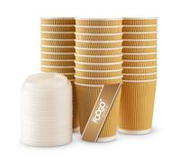 FOOGO Green 100pcs 8oz Disposable Strong Triple-Wall Brown Paper Coffee Cups with Secure Lids, FSC® Certified, Fully Compostable, for Hot Drinks, Takeaway and Parties
