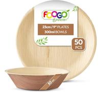 FOOGO Green 100pcs Disposable Palm Leaf Plates and Bowls, 50x Large Round Plates, 50x Bowls, Disposable Bamboo, Eco Biodegradable, Strong Paper Party, Picnic Camping
