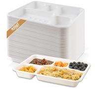 FOOGO Green 100pcs Large Disposable Plates with compartments, 11x8 inch 5 Deep Compartments, Sugarcane Bagasse Paper Trays, Divided Plates for Hot Food, Portion Control