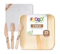 FOOGO Green 125pcs Disposable Palm Leaf Plates, Wooden Cutlery Set and White Napkins, FSC® Certified, 25x Large Square Plates, 25x Forks, 25x Knives, 25x Spoons, 25x White Napkins, Eco Friendly