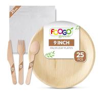 FOOGO Green 125pcs Disposable Palm Leaf Plates, Wooden Cutlery Set and White Napkins, FSC® Certified, Large Round Plates, Forks, Knives, Spoons, White Napkins, Eco Friendly