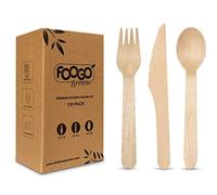 FOOGO Green 150pcs Disposable Wooden Cutlery Set, FSC® Certified, 50 x Forks 50 x Spoons 50 x Knives, 16cm, Biodegradable, Eco-Friendly, Compostable, Party Picnic, Like Bamboo