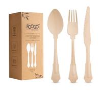 FOOGO Green 150pcs Elegant Disposable Wooden Cutlery Set, FSC® Certified, 50x Forks 50x Spoons 50x Knives, 20cm, Biodegradable Eco Friendly Cutlery Set, Ideal for Weddings, Bamboo
