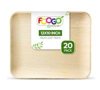 FOOGO Green 20 Disposable Palm Leaf Serving Trays, Large 12x10 inch (30x25cm), For Platters, Starters, Wedding Parties, Charcuterie Board, Eco Friendly, Biodegradable Wooden Trays For Hot Food