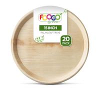 FOOGO Green 20 Disposable Palm Leaf Serving Trays, Large Round 15" (38cm), For Pizza, Platters, Starters, Canape, Charcuterie Board, Sturdy And Eco-Friendly Like Wooden Trays For Hot Food