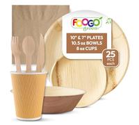 FOOGO Green 200pcs Disposable Palm Leaf Dinnerware Set - Large and Small Plates, Bowls, Cups, Napkins & Wooden Cutlery - FSC® Certified