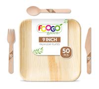 FOOGO Green 200pcs Disposable Palm Leaf Plates and Wooden Cutlery Set, FSC® Certified, 50x Large Square Plates, 50x Forks, 50x Knives, 50x Spoons, Eco Friendly Biodegradable, Party