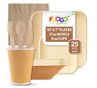 FOOGO Green 200pcs Disposable Palm Leaf Plates, Bowls, Cups, Napkins & Wooden Cutlery Set, FSC® Certified, 25x Large Square, 25x Small Plates, 25x Bowls, 25x Cups, 25x Napkins, 25x Cutlery Set