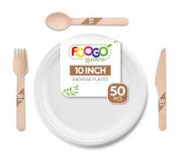 FOOGO Green 200pcs Disposable Sugarcane Fibre Paper Plates and Wooden Cutlery Set, FSC® Certified, 50 Large Round Plates, 50x Utensils