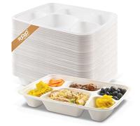 FOOGO Green 200pcs Large Disposable Plates with compartments, 11x8 inch 6 Deep Compartments, Sugarcane Bagasse Paper Trays, Divided Plates for Hot Food, Portion Control