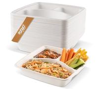 FOOGO Green 200pcs Large Disposable Plates with compartments, 23x23 cm 3 Deep Compartments, Sugarcane Bagasse Paper Trays, Divided Plates for Hot Food, Portion Control