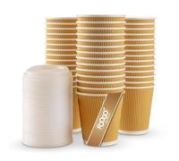FOOGO Green 25pcs 10oz Disposable Strong Triple-Wall Brown Paper Coffee Cups with Secure Lids, FSC® Certified, Fully Compostable, for Hot Drinks, Takeaway and Parties