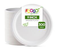 FOOGO Green 300 Disposable Sugarcane Bagasse Plates, 9 inch (23 cm), for Desserts and Starters, Eco Friendly Biodegradable Compostable, Picnic, Party, Large Round Strong Paper Plates