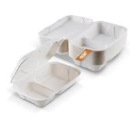 FOOGO Green 300pcs Clamshell Takeaway Boxes, 9x6 inch, 30oz / 900ml, 2 sections, Made from Natural Sugarcane Pulp, Eco-Friendly Clamshells, Disposable Food Container, Compostable Biodegradable