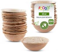 FOOGO Green 300pcs Disposable Mini Palm Leaf Bowls, 2.75" (7cm) Round, 40ml (1.4oz) Mini Sauce & Snack Pots, Ketchup Mayo Pots, Eco-Friendly Biodegradable, Like Bamboo and Paper Bowls
