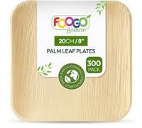 FOOGO Green 300pcs Disposable Palm Leaf Plates, 8"(20cm) Medium Square, Eco Friendly Biodegradable Compostable Like Wooden, Bamboo, Paper Plates for Hot Food, Picnic Wedding Parties