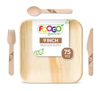 FOOGO Green 300pcs Disposable Palm Leaf Plates and Wooden Cutlery Set, FSC® Certified, 75x Large Square Plates, 75x Forks, 75x Knives, 75x Spoons, Eco Friendly Biodegradable, Party