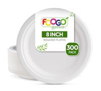FOOGO Green 300pcs Disposable Sugarcane Bagasse Plates, 8 inch (20 cm), Medium Round Strong Paper Plates, Eco Friendly Biodegradable Compostable, for Picnic, Parties