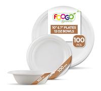 FOOGO Green 300pcs Disposable Sugarcane Fibre Strong Paper Plates and Bowls Set, 100x Large Round, 100x Small Plates, 100x Dessert Bowls, Dinner, Wedding, Party, Eco Friendly