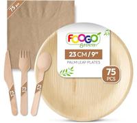 FOOGO Green 375pcs Disposable Palm Leaf Plates, Round, Brown Napkins | Wooden Cutlery Set and Brown Napkins, FSC® Certified, 75x Large Round Plates, 75x Forks, 75x Knives, 75x Spoons