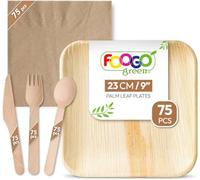 FOOGO Green 375pcs Disposable Palm Leaf Plates, Square, Brown Napkins | Wooden Cutlery Set and Brown Napkins, FSC® Certified, 75x Large Square Plates, 75x Forks, 75x Knives, 75x Spoons, 75x Napkins
