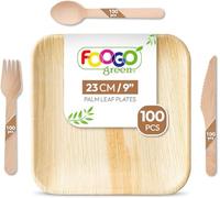 FOOGO Green 400pcs Disposable Palm Leaf Plates and Wooden Cutlery Set, FSC® Certified, 100x Large Square Plates, 100xForks, 100xKnives, 100xSpoons, Eco Friendly Biodegradable, Party