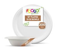 FOOGO Green 400pcs Disposable Sugarcane Fibre Strong Paper Plates and Bowls Set, 200x Large Round Plates, 200x Dessert Bowls, Eco Friendly Biodegradable, Wedding, Party