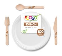 FOOGO Green 400pcs Disposable Sugarcane Fibre Strong Paper Plates and Wooden Cutlery Set, FSC® Certified, 100x Large Round Plates, 100x Forks, 100x Knives, 100x Spoons, Eco Biodegradable
