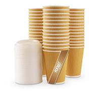 FOOGO Green 500pcs 12oz Disposable Strong Triple-Wall Brown Paper Coffee Cups with Secure Lids, FSC® Certified, Fully Compostable, for Hot Drinks, Takeaway and Parties