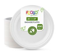 FOOGO Green 500pcs Disposable Sugarcane Bagasse Plates, 8 inch (20 cm), Medium Round Strong Paper Plates, Eco Friendly Biodegradable Compostable, for Picnic, Parties