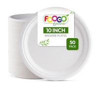 FOOGO Green 50 Disposable Sugarcane Bagasse Plates, 10 inch (25 cm), for Desserts and Starters, Eco Friendly Biodegradable Compostable, Picnic, Party, Large Round Strong Paper Plates