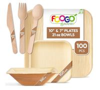 FOOGO Green 600pcs Disposable Eco Palm Leaf Plates, Bowls & Cutlery Set - FSC Certified with 100 Large, 100 Small Plates, 100 Bowls, 100 Forks, 100 Knives & Spoons