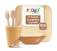 FOOGO Green 600pcs Disposable Palm Leaf Plates and Bowls, Paper Cups and Wooden Cutlery Set, FSC® Certified, 100x Large Plates, 100x Bowls, 100x Cups, 100xForks, 100xKnives, 100x Spoons, Eco Friendly