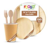 FOOGO Green 600pcs Disposable Palm Leaf Plates, Paper Cups and Wooden Cutlery Set, FSC® Certified, 100x Large Round, 100x Small Side Plates, 100x Cups, 100x Forks, 100x Knives, 100x Spoons, Eco