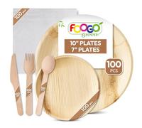 FOOGO Green 600pcs Disposable Palm Leaf Plates Wooden Cutlery Set and Napkins, FSC® Certified, 100x Large Round, 100x Small Plates, 100x Forks, 100xKnives, 100xSpoons, 100xNapkins, Eco Friendly