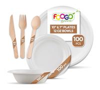 FOOGO Green 600pcs Disposable Sugarcane Fibre Strong Paper Plates, Bowls and Wooden Cutlery Set, FSC® Certified, 100x Large Round, 100x Small Plates, 100x Bowls, 100x Forks, 100x Knives, 100x Spoon