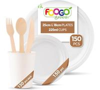 FOOGO Green 900pcs Disposable Sugarcane Fibre Paper Plates & Cups Set, FSC® Certified, Large & Small Round Plates, Cups, Wooden Cutlery Set