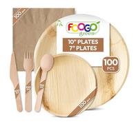 FOOGO Green Eco 600pcs Disposable Palm Leaf Plates, Wooden Cutlery Set and Napkins, FSC® Certified, Large Round and Small Side Plates, Forks, Knives, Spoons, Napkins