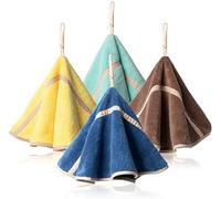 FoOhy 4Pcs Absorbent Coral Fleece Round Hanging Hand Towels (4 Colors - Pink, Green, Gray, Beige)