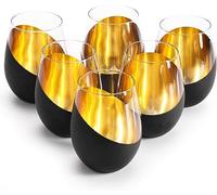 FoOhy Modern Matte Black and Gold Tilted Design Stemless Wine Glasses Tumblers - 18 oz, Set of 6