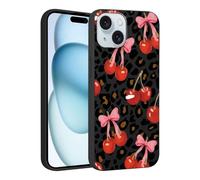 Foonary Leopard Cherry Bow Print Case for iPhone 15 6.1",Cute Aesthetic Design Silicone Soft cheetah print Pattern Phone Cover for Girls, Preppy Shockproof Protective Case for Women
