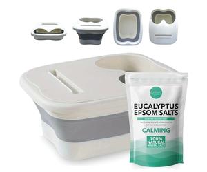 Foot Spa Kit - Foldable Manual Foot Soak Basin with Epsom Salt, Portable Foot Spa Set for Stress Relief, Muscle Recovery & Home Spa Soaking - Non-Electric - Eucalyptus (450g)