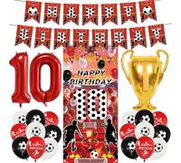 Football 10th Birthday Decorations Banner - 24 Pcs Pre-Strung Red Silver Birthday Banner Number Trophy Balloons Sports Backdrop Door Decor For Kids Boys 10 Year Old Football Themed Party Supplies