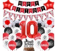 Football 10th Birthday Decorations for Boys - Red White Soccer Bunting Happy Birthday Banner, Number 10 and Soccer Foil Balloons Cake Toppers for Football Lover Sports Theme Party Supplies