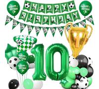 Football 10th Birthday Party Decorations - Green Soccer Theme for Boy Girl Happy Birthday Banner Bunting Decor, Double Digits 10th Number Trophy Football Shirt Foil Balloons Kids Sports Party Supplies