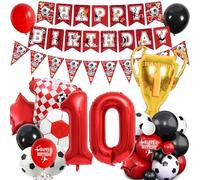 Football 10th Birthday Party Decorations - Red Soccer Theme for Boy Girl Happy Birthday Banner Bunting Decor, Number Trophy Football Shirt Foil Balloons Boys Girls Sports Party Supplies